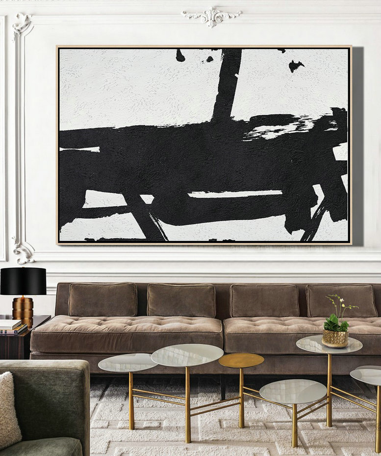 Large Wall Art Canvas,Hand Painted Oversized Horizontal Minimal Art On Canvas, Black And White Minimalist Painting - Modern Wall Decor